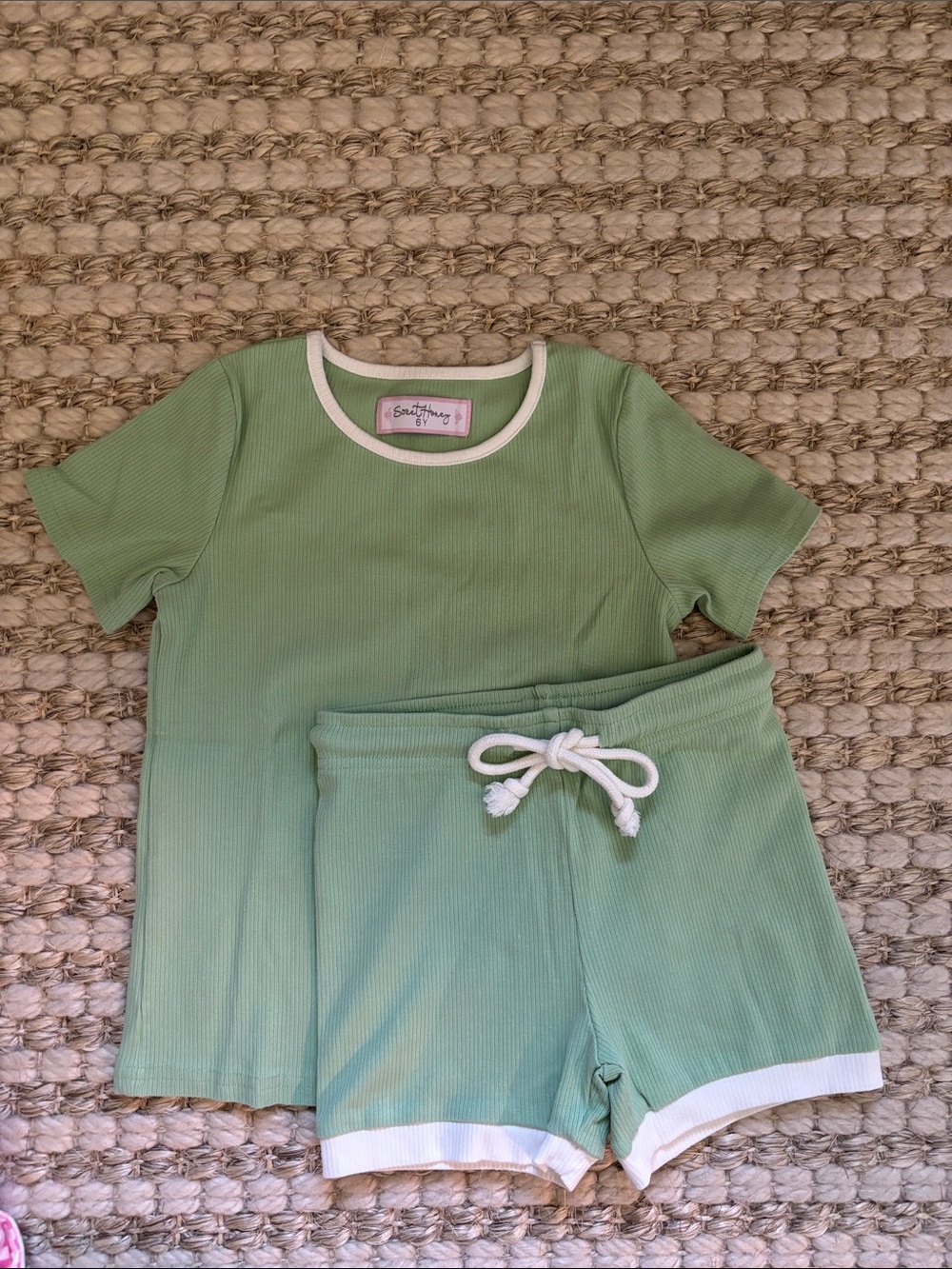 SweetHoney Light Green Ribbed Short Pajama Set with White Trim